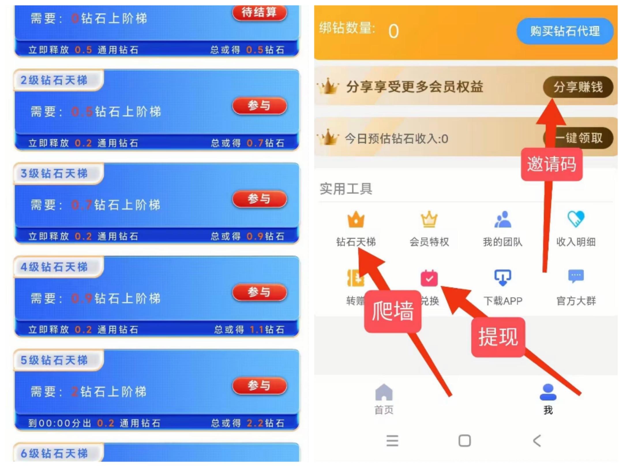 钻石乐园零撸！上墙模式！无广告！保底回收！收益高 保底收益1.1，首发代理会员每日领取自由钻，或者悬赏试玩获得自由钻，每