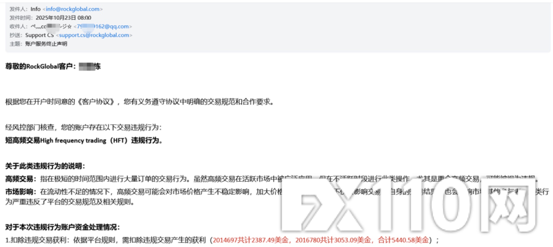 正常交易说成模糊的违规交易！RockGlobal邮件通知直接扣除资金